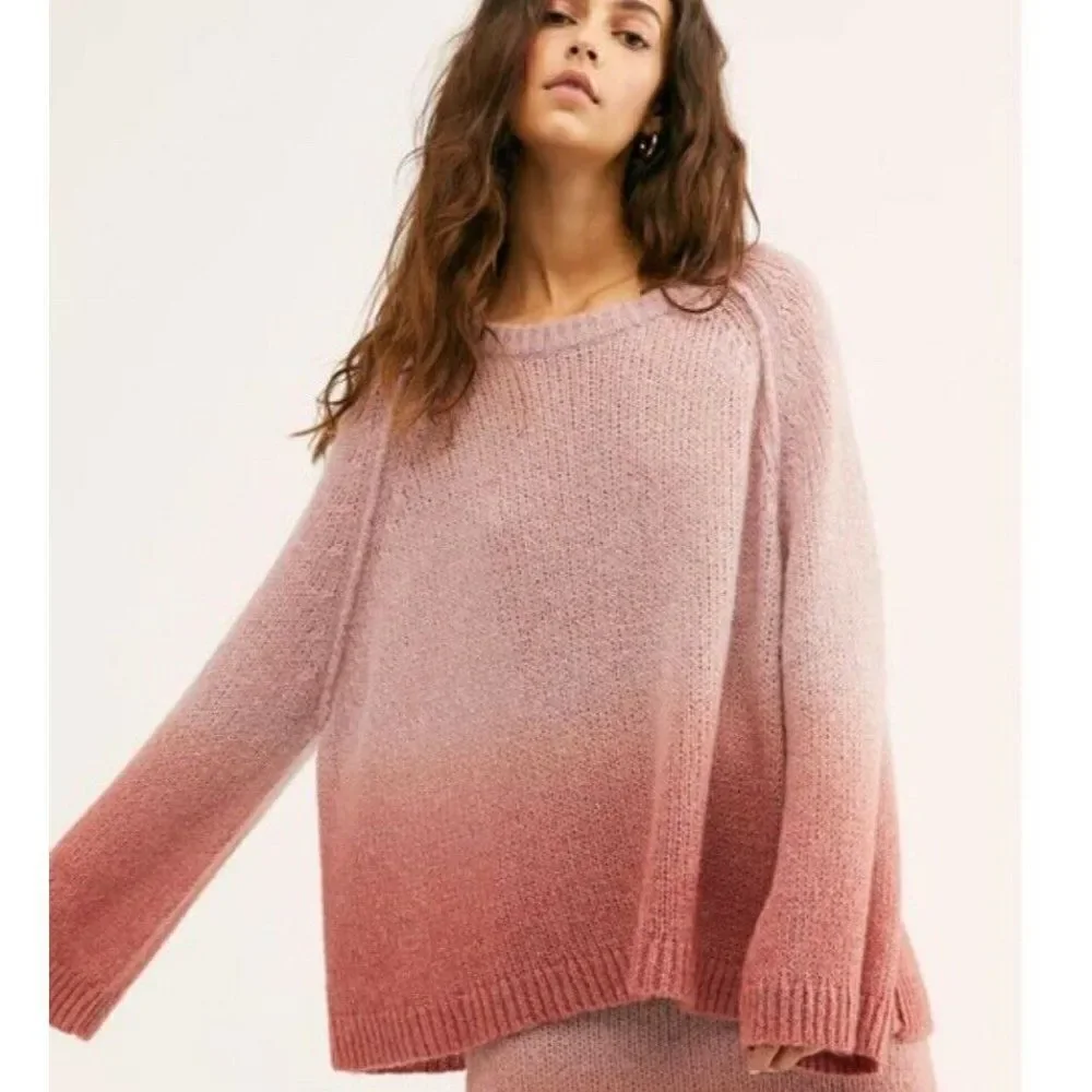 NEW FREE PEOPLE Sz L FADE AWAY OMBRE PULLOVER WIDE SLEEVE SWEATER IN PINK